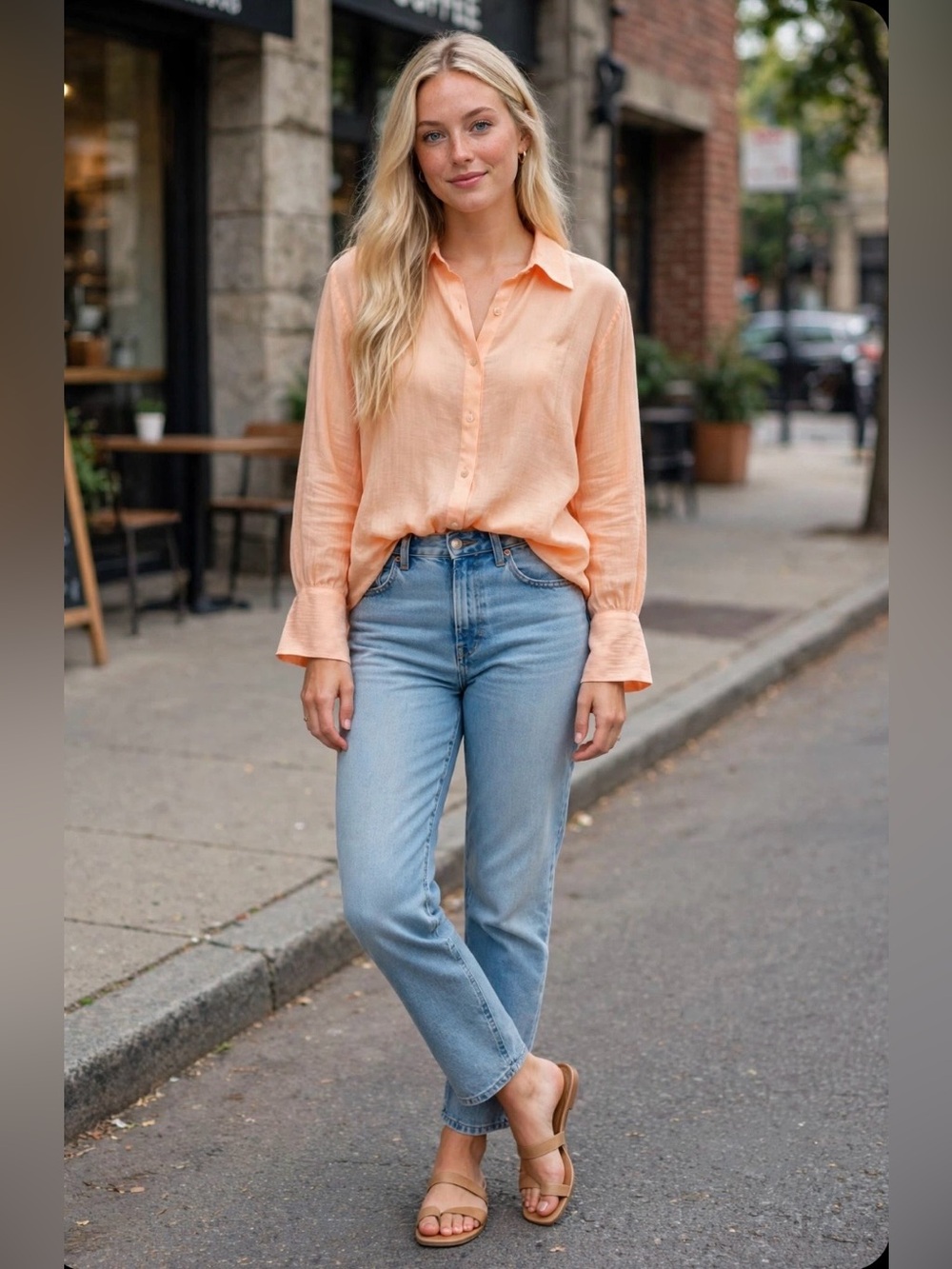 Free People Light Orange Sherbet long Sleeve Button Down